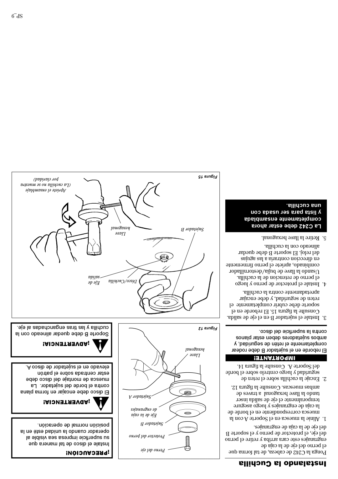 Shindaiwa 81644 manual Cuchilla la Instalando, 9SP 