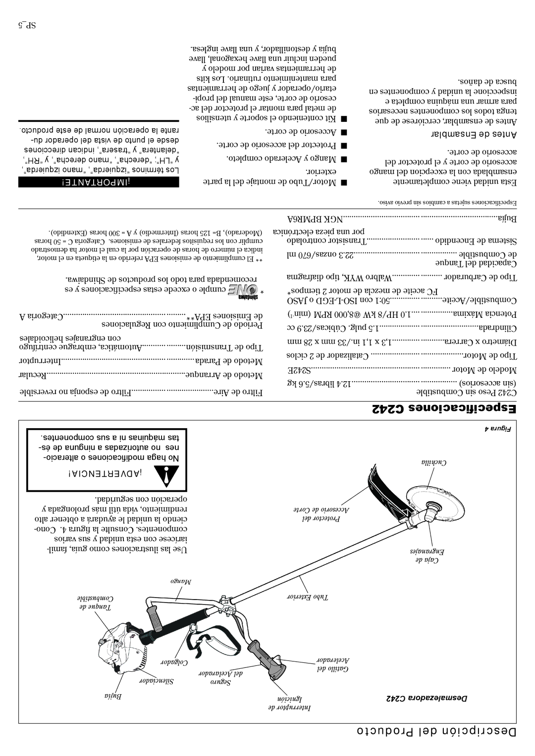 Shindaiwa 81644 manual C242 Especificaciones, Producto del Descripción, Ensamblar de Antes 