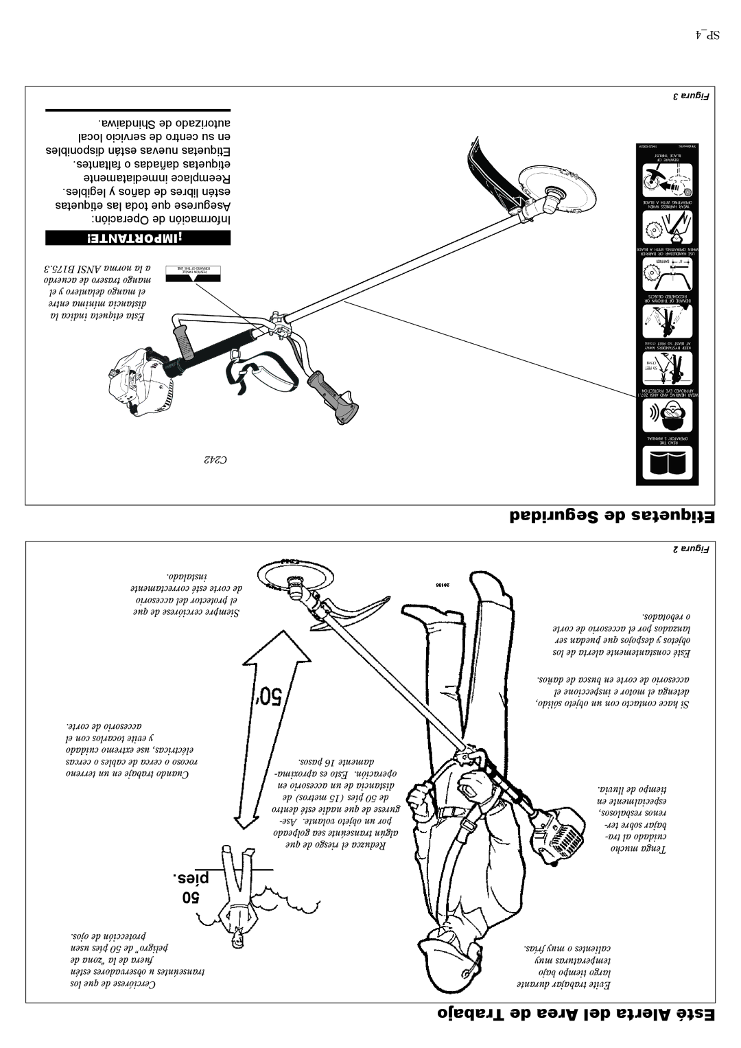 Shindaiwa 81644 manual Seguridad de Etiquetas, Píes, Trabajo de Area del Alerta Esté 