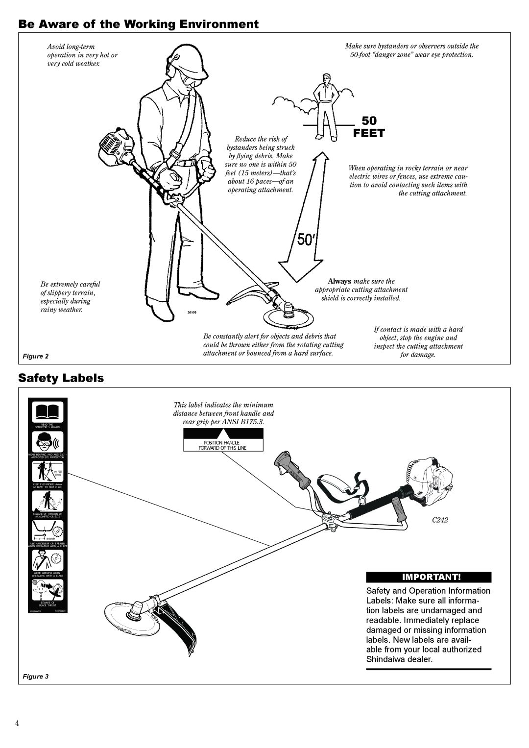 Shindaiwa 81644 manual Be Aware of the Working Environment, Safety Labels 