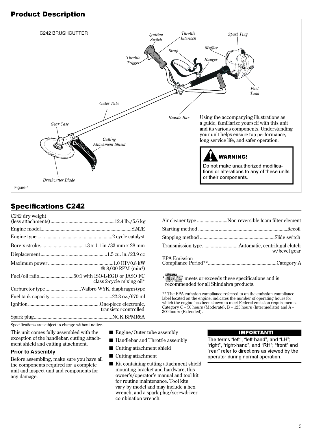 Shindaiwa 81644 manual Product Description, Specifications C242, Prior to Assembly 