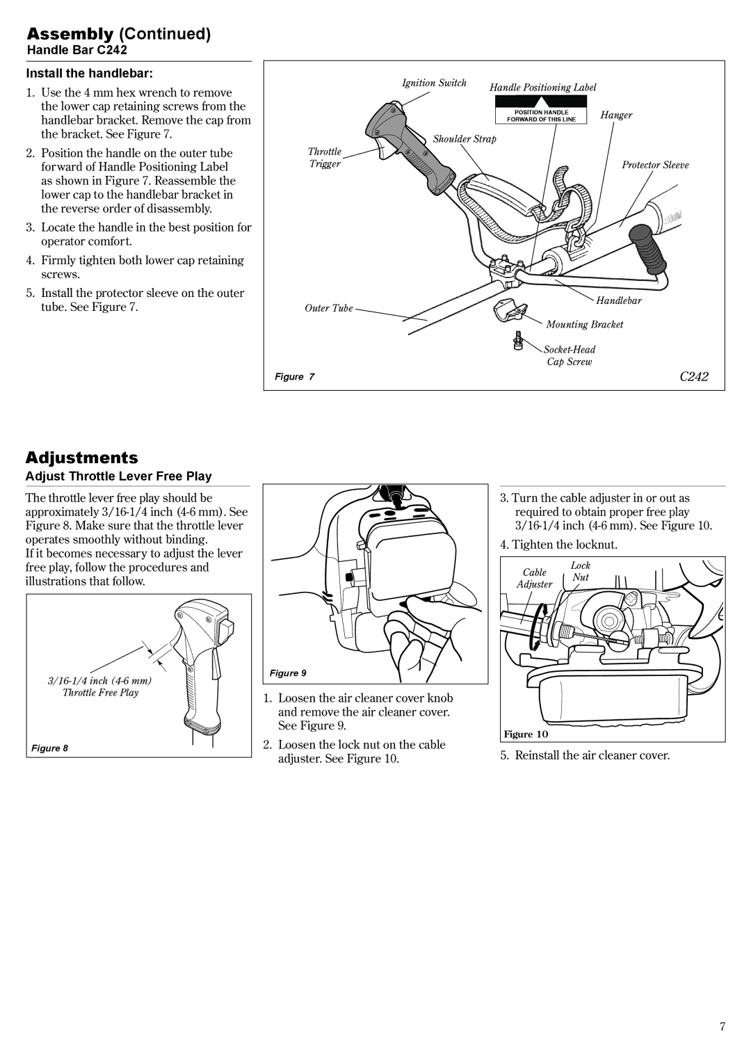 Shindaiwa 81644 manual Adjustments, Handle Bar C242 Install the handlebar, Adjust Throttle Lever Free Play 