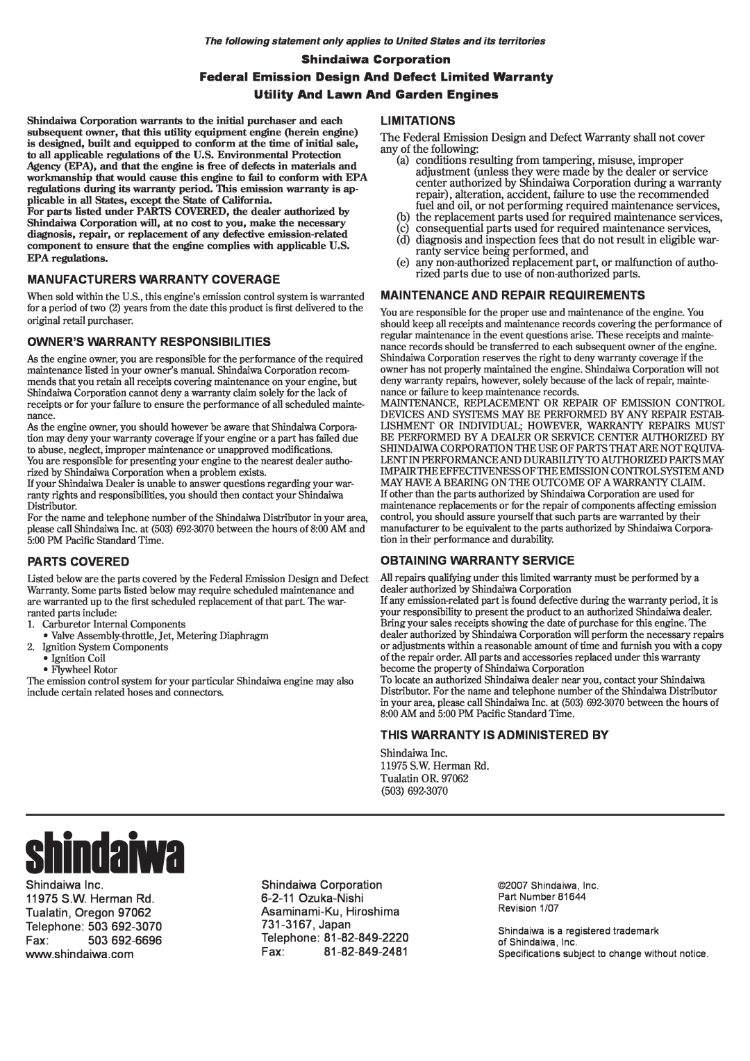Shindaiwa 81644 Shindaiwa Corporation, Federal Emission Design And Defect Limited Warranty, Limitations, Parts Covered 