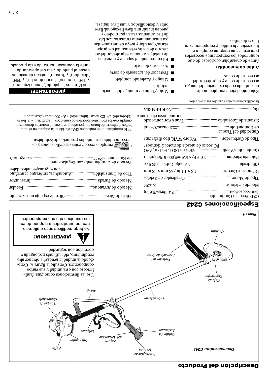 Shindaiwa 81644 manual C242 Especificaciones, Producto del Descripción, Ensamblar de Antes, ¡Importante, ¡Advertencia 