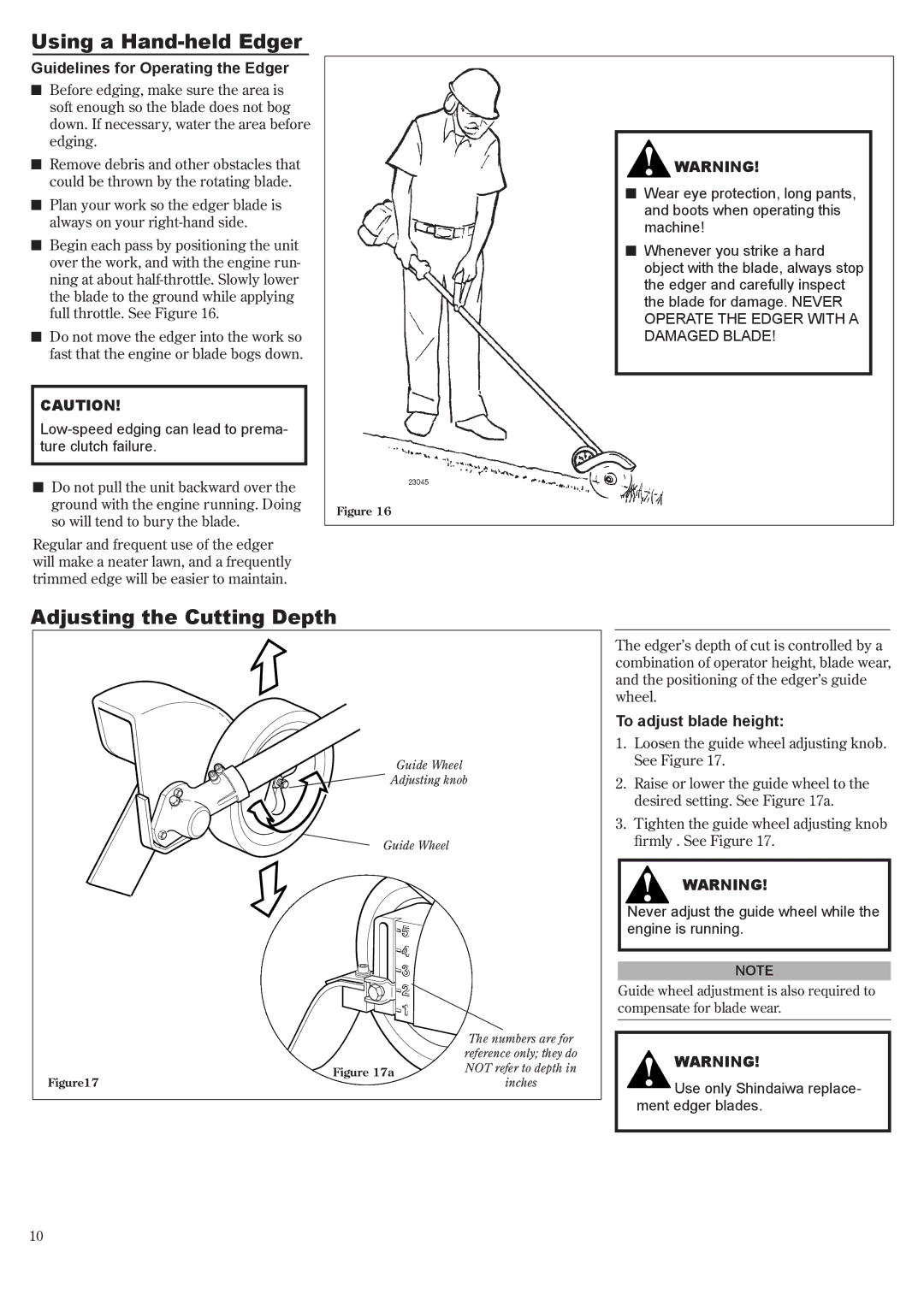 Shindaiwa 81645 manual Using a Hand-held Edger, Adjusting the Cutting Depth, Guidelines for Operating the Edger 