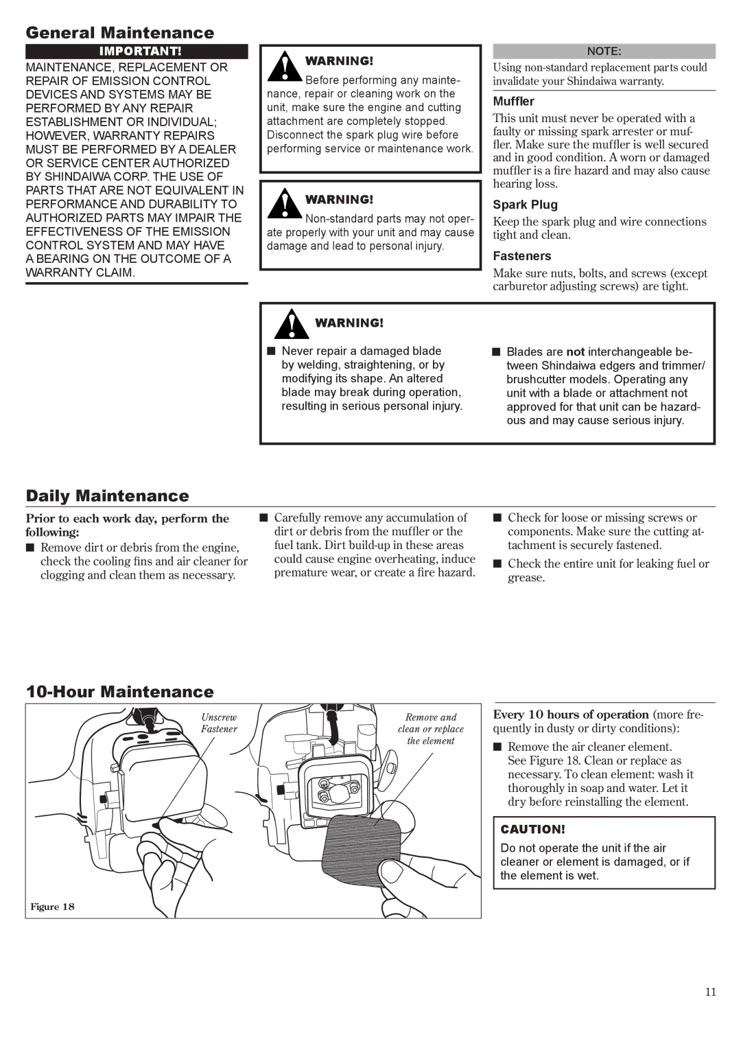 Shindaiwa 81645 manual General Maintenance, Daily Maintenance, Hour Maintenance 