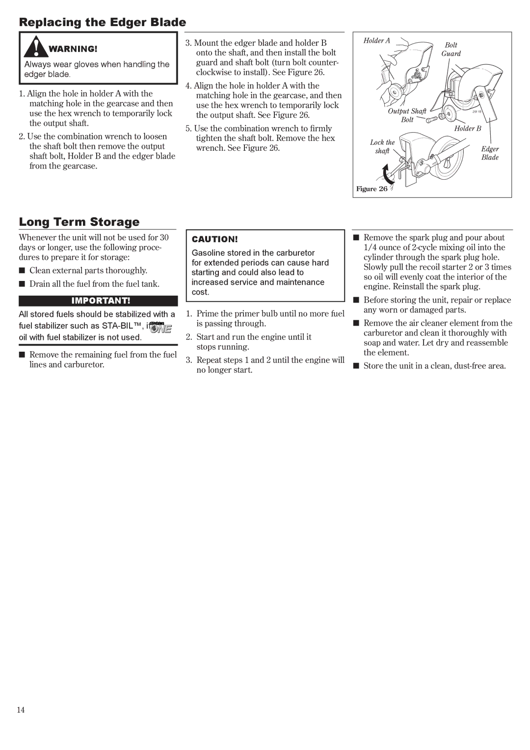 Shindaiwa 81645 manual Replacing the Edger Blade, Long Term Storage 