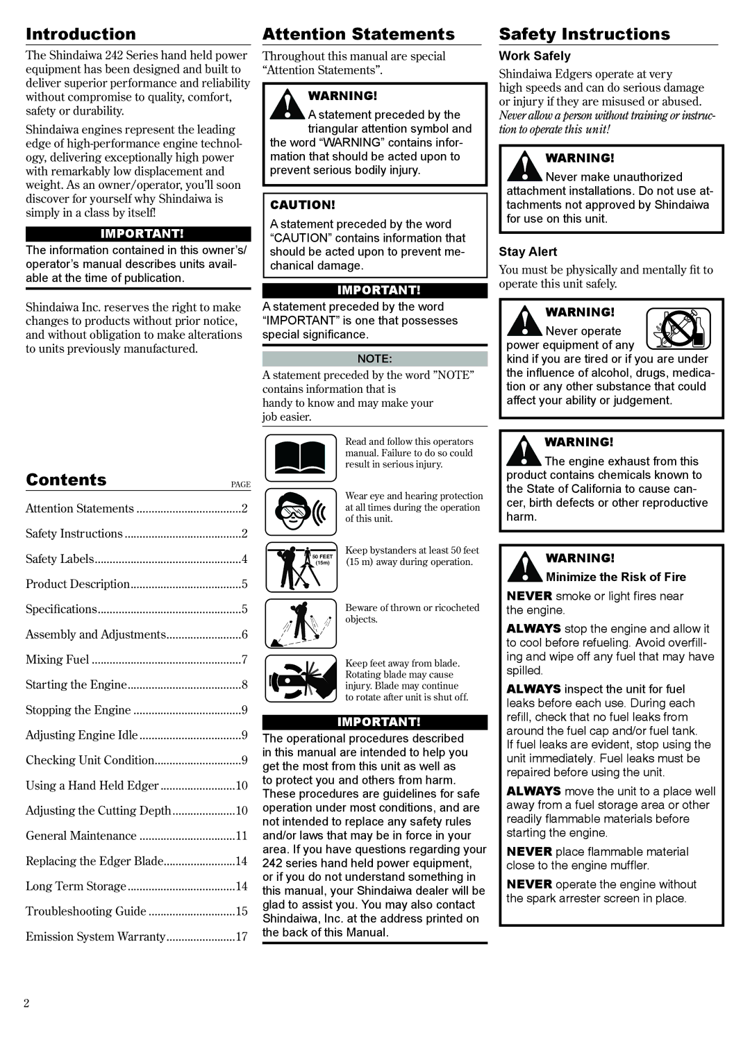 Shindaiwa 81645 manual Introduction, Safety Instructions, Contents 