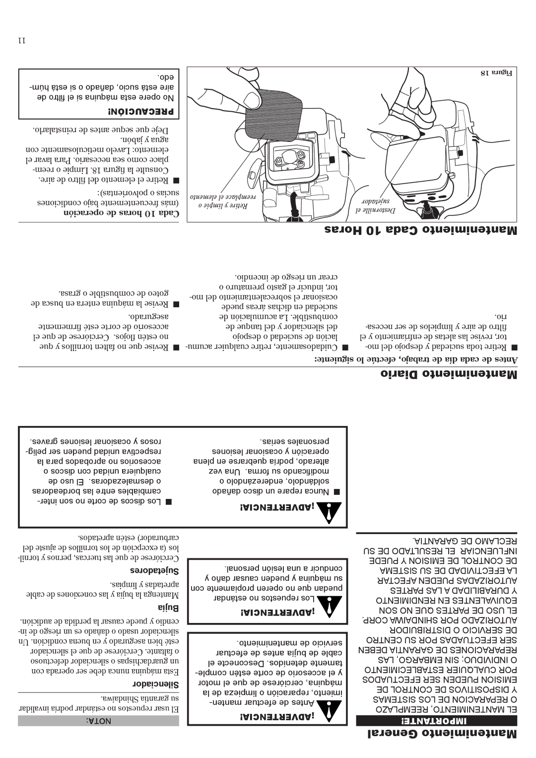 Shindaiwa 81645 manual Diario Mantenimiento, General Mantenimiento, Sujetadores, Bujía, Silenciador 