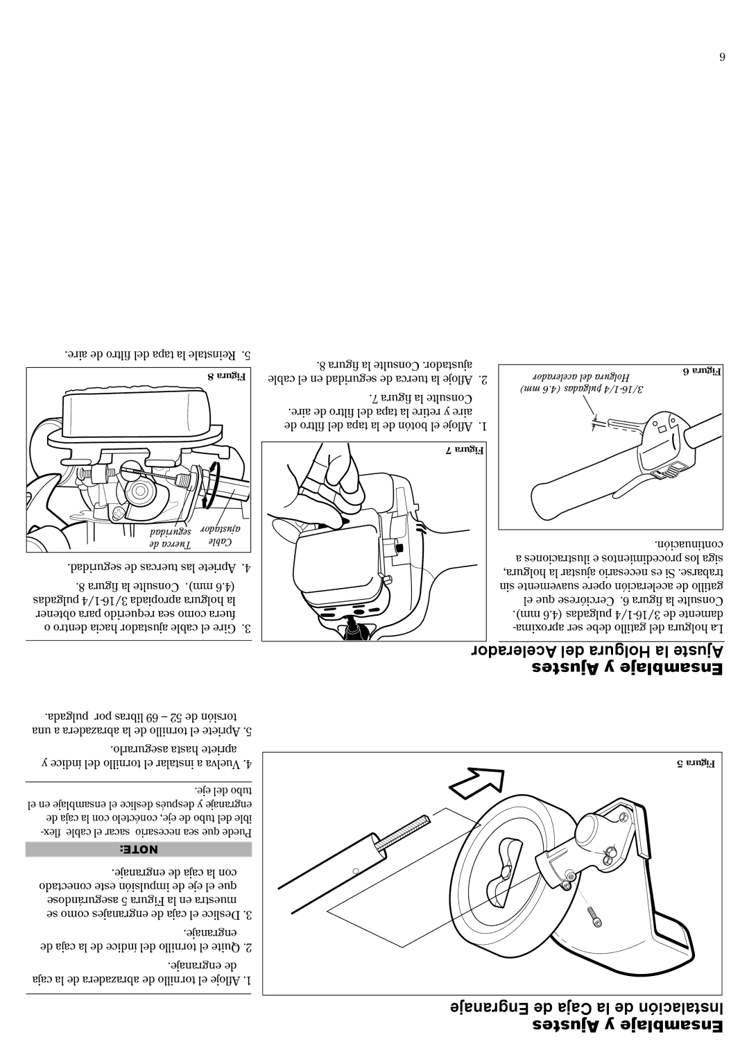 Shindaiwa 81645 manual Acelerador del Holgura la Ajuste Ajustes y Ensamblaje, Engranaje de Caja la de Instalación 