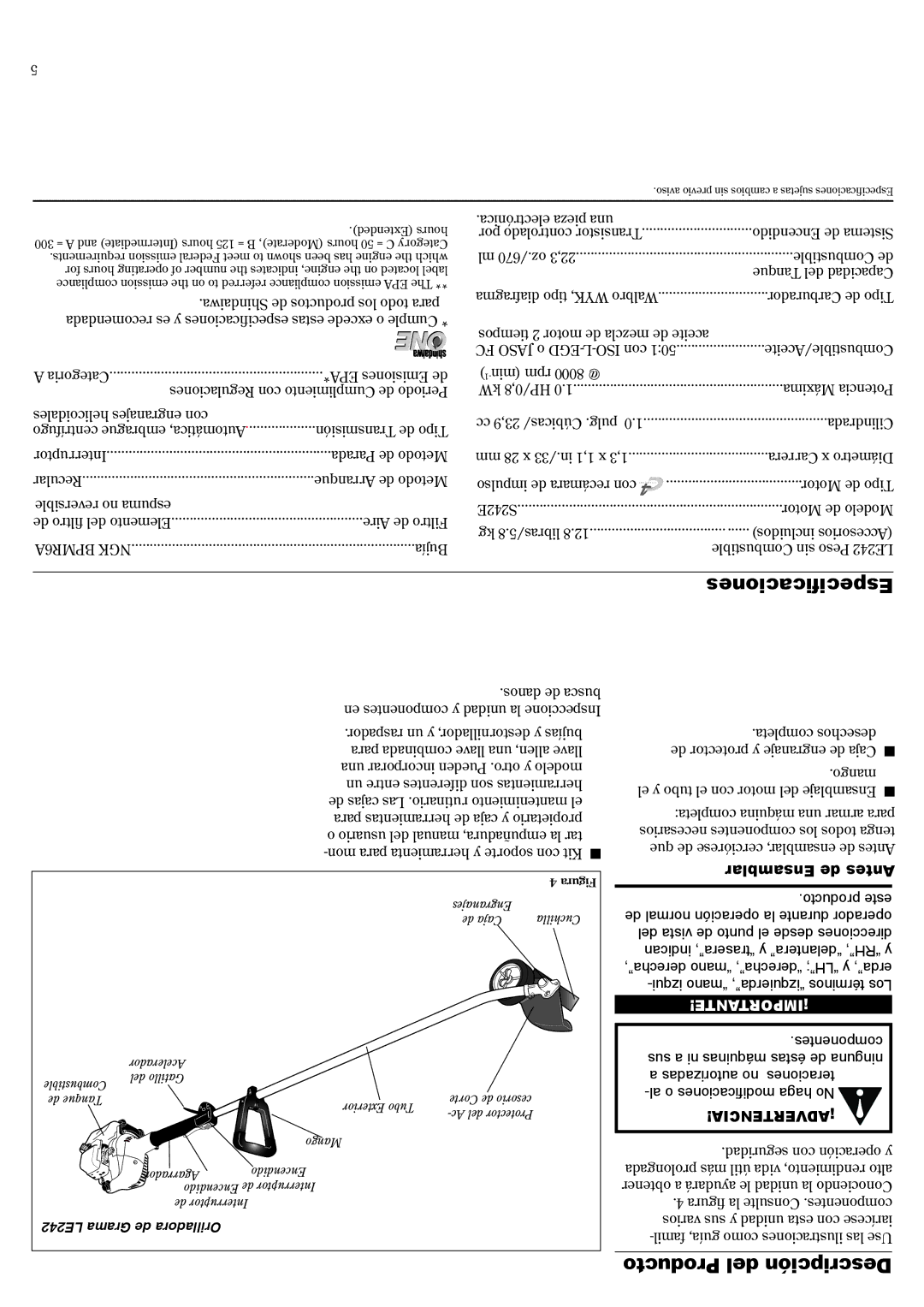 Shindaiwa 81645 manual Especificaciones, Ensamblar de Antes, De normal operación la durante operador 