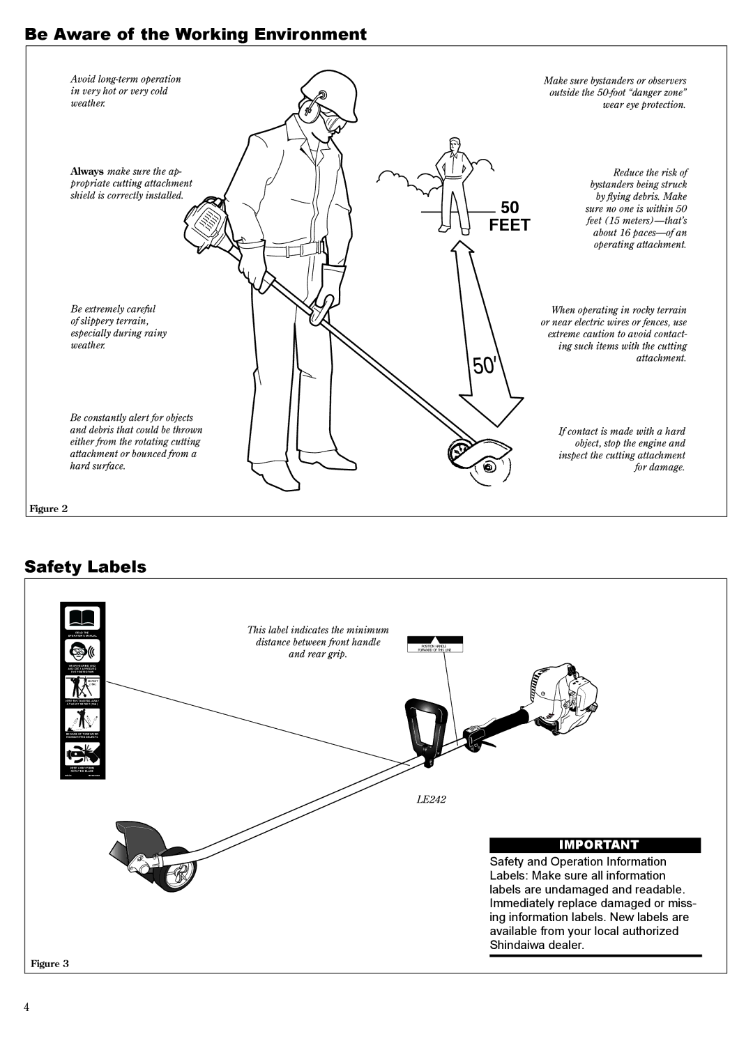 Shindaiwa 81645 manual Be Aware of the Working Environment, Safety Labels 