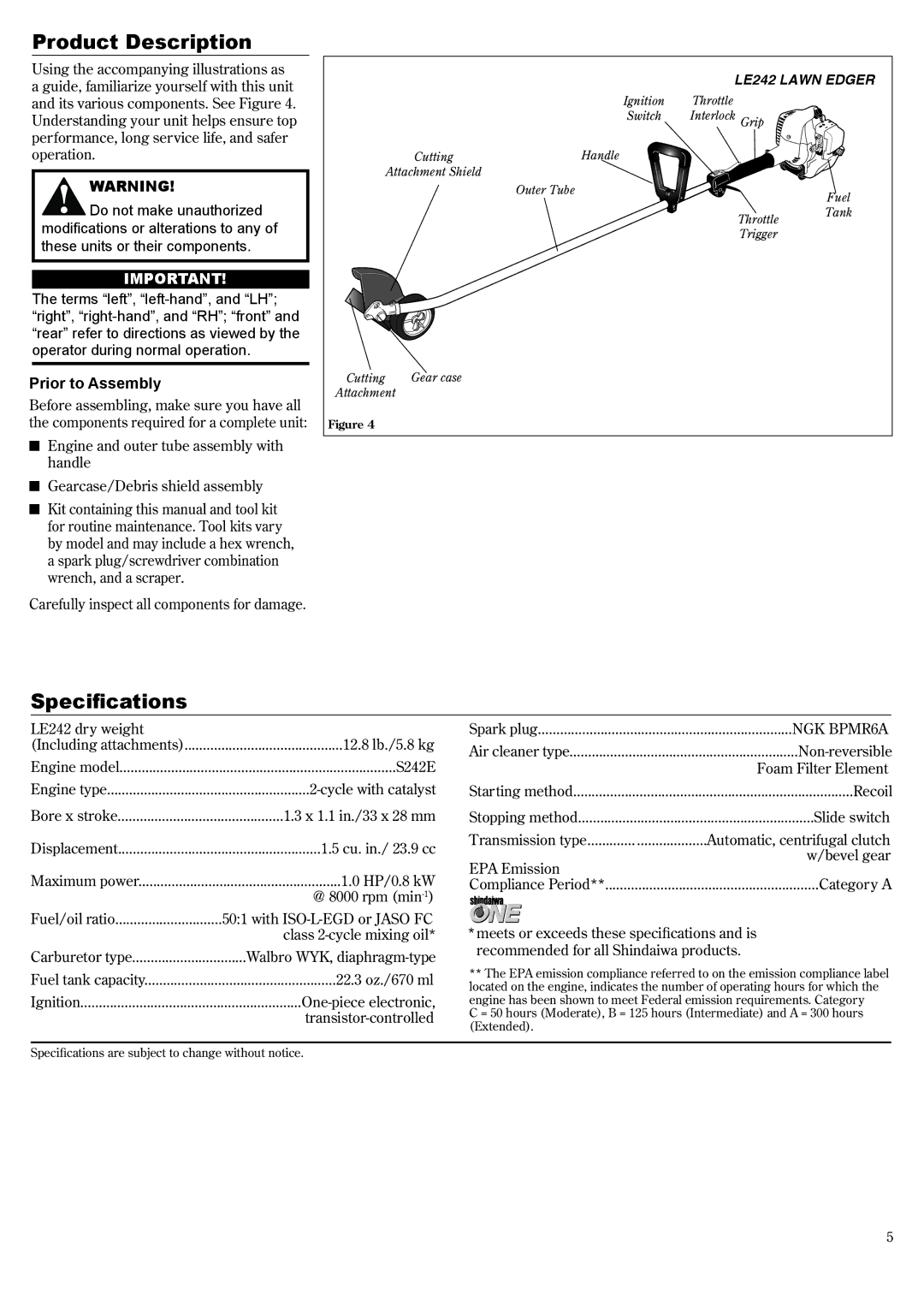 Shindaiwa 81645 manual Product Description, Specifications, Prior to Assembly 