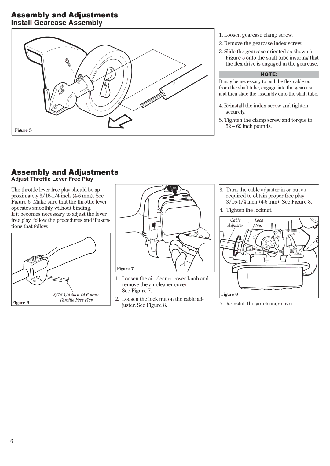 Shindaiwa 81645 manual Assembly and Adjustments Install Gearcase Assembly, Adjust Throttle Lever Free Play 