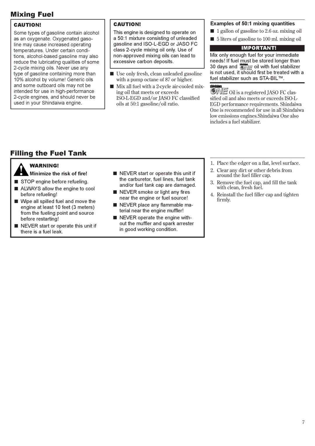 Shindaiwa 81645 manual Mixing Fuel, Filling the Fuel Tank, Examples of 501 mixing quantities 