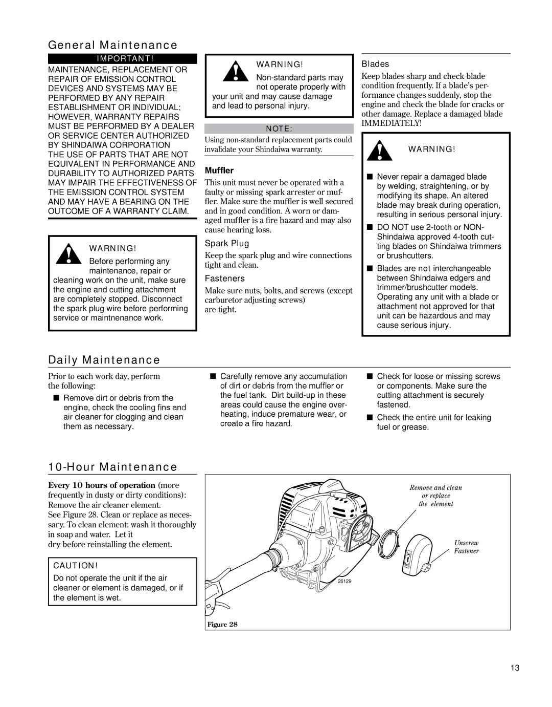 Shindaiwa 81646 manual General Maintenance, Daily Maintenance, Hour Maintenance 