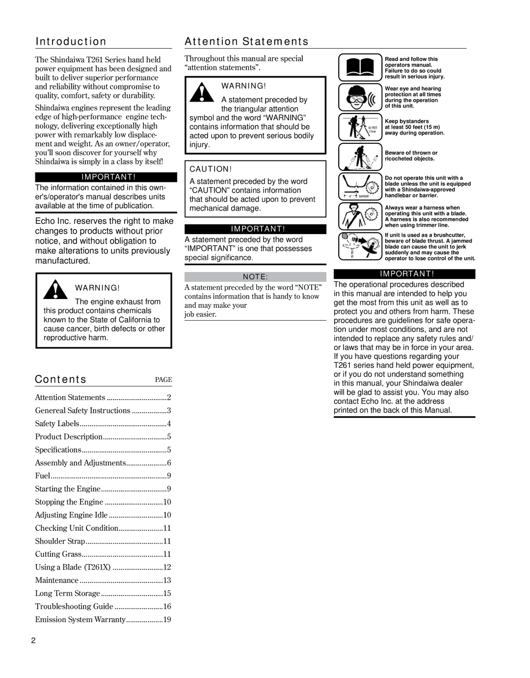 Shindaiwa 81646 manual Introduction, Contents 