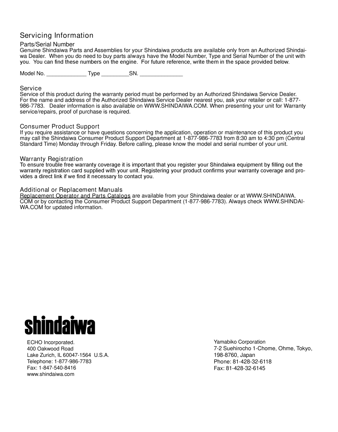 Shindaiwa 81646 manual Servicing Information, Parts/Serial Number 