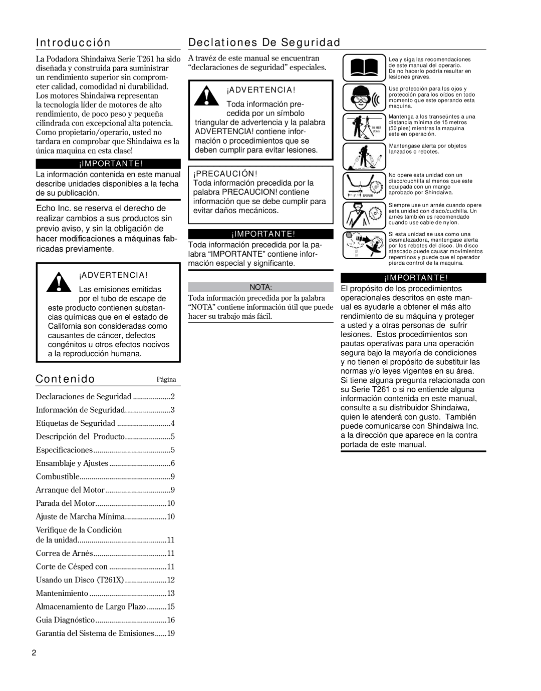 Shindaiwa 81646 manual Introducción Declationes De Seguridad, Contenido, ¡ADvERTENCIA 