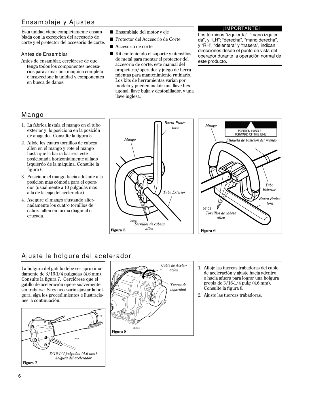 Shindaiwa 81646 manual Ensamblaje y Ajustes, Mango, Ajuste la holgura del acelerador, Antes de Ensamblar 