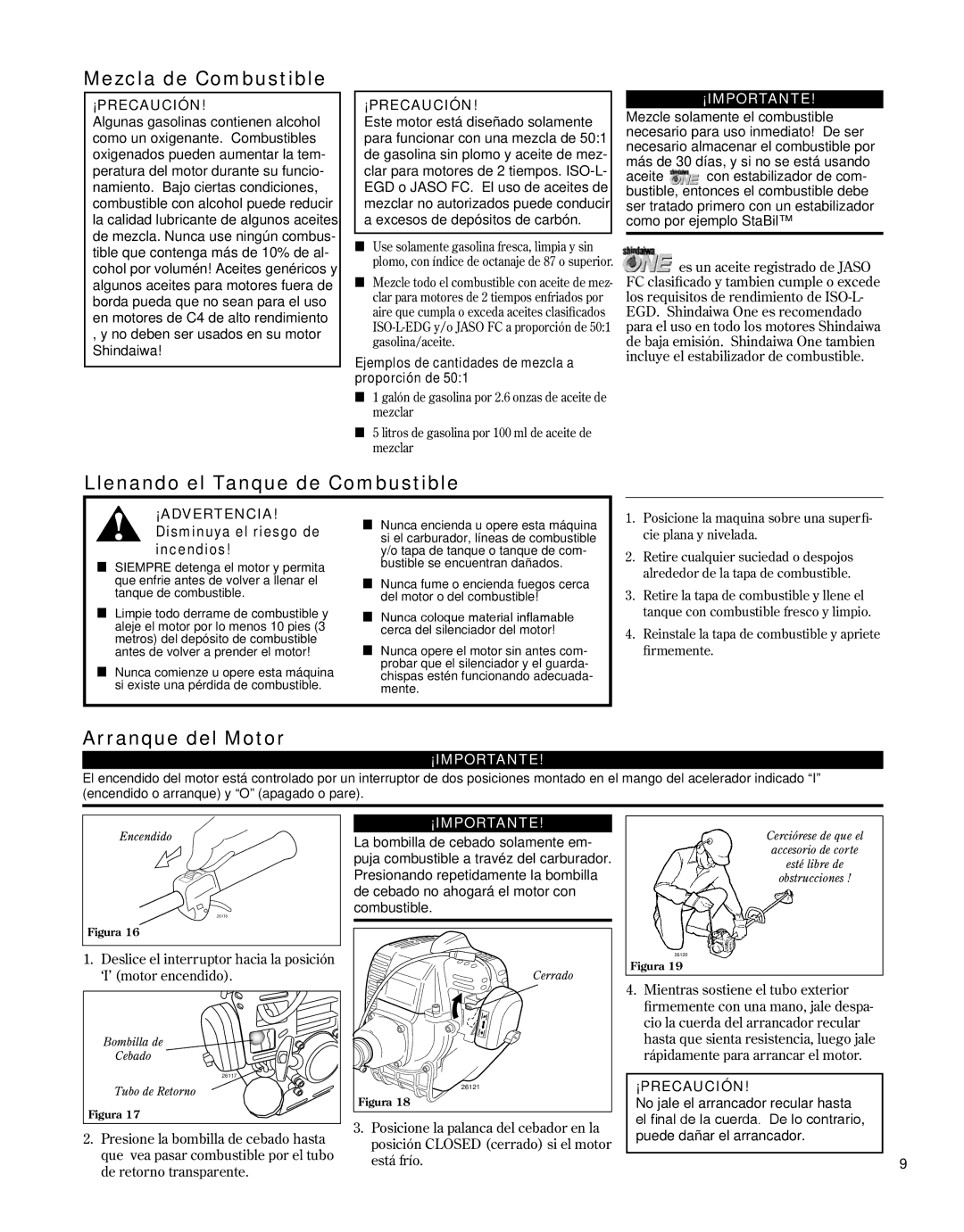 Shindaiwa 81646 manual Mezcla de Combustible, Llenando el Tanque de Combustible, Arranque del Motor 