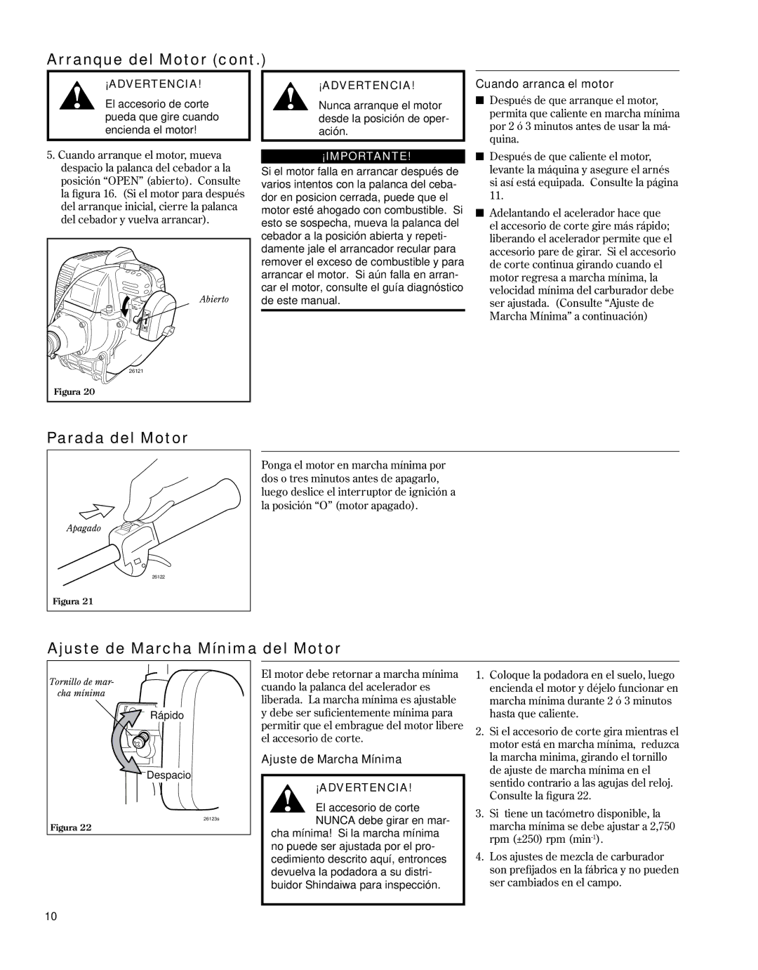 Shindaiwa 81646 manual Parada del Motor, Ajuste de Marcha Mínima del Motor, Cuando arranca el motor 