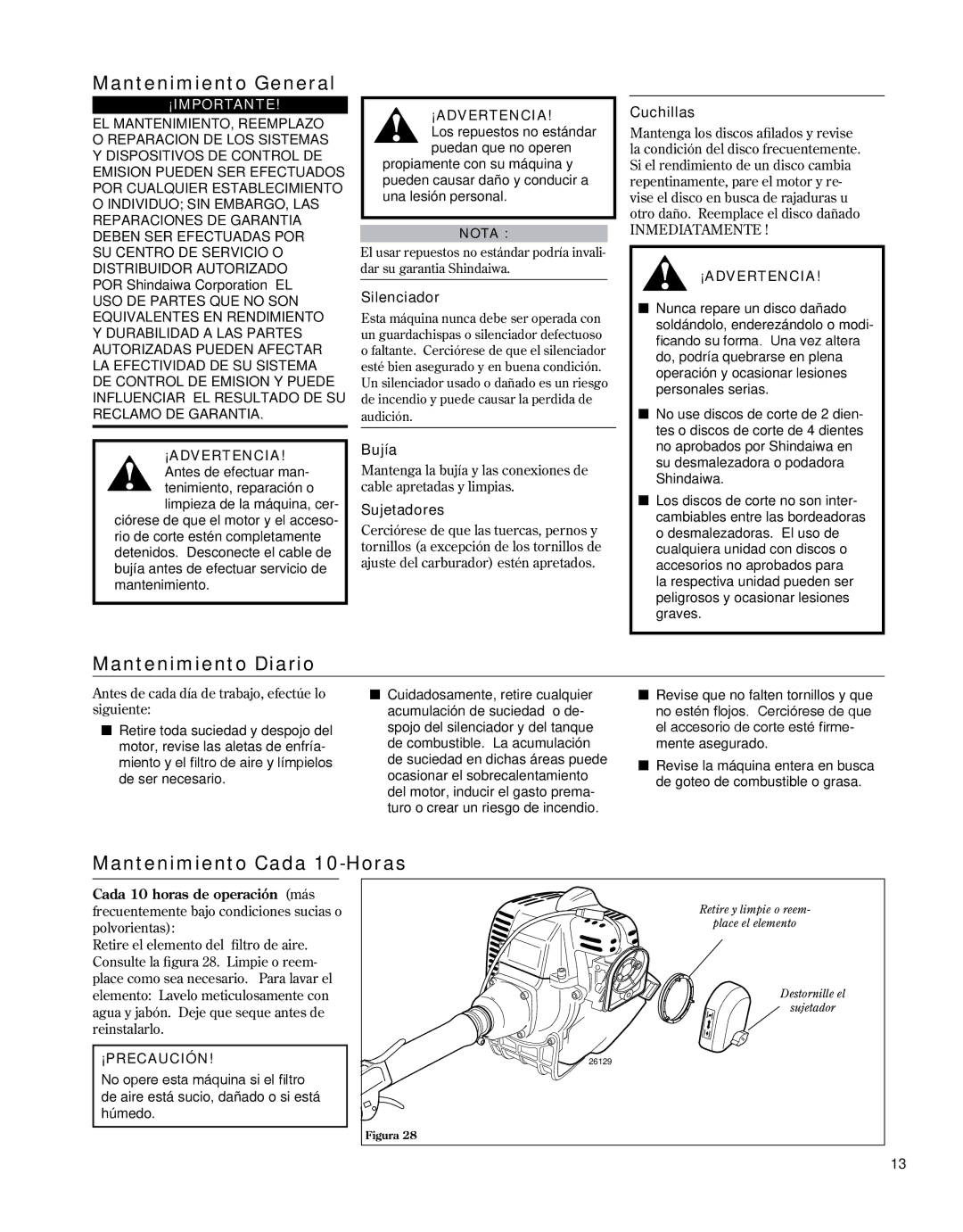 Shindaiwa 81646 manual Mantenimiento General, Mantenimiento Diario, Mantenimiento Cada 10-Horas 