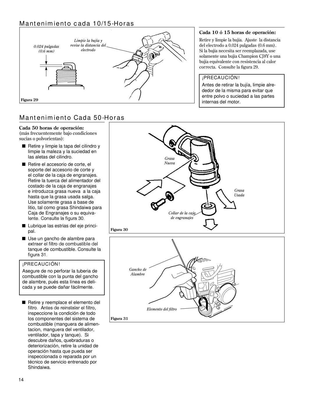 Shindaiwa 81646 manual Mantenimiento cada 10/15-Horas, Mantenimiento Cada 50-Horas 