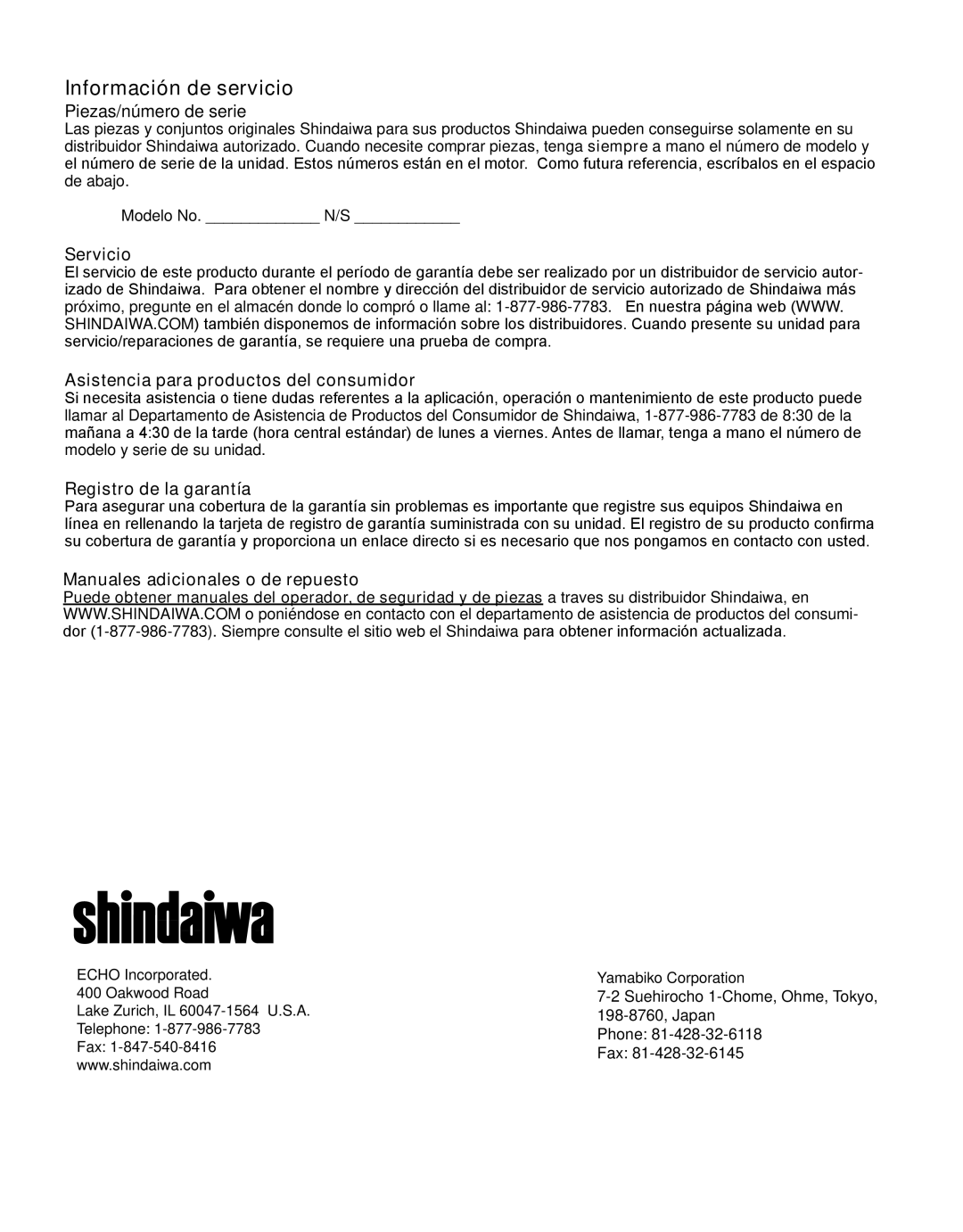 Shindaiwa 81646 manual Información de servicio, Piezas/número de serie 