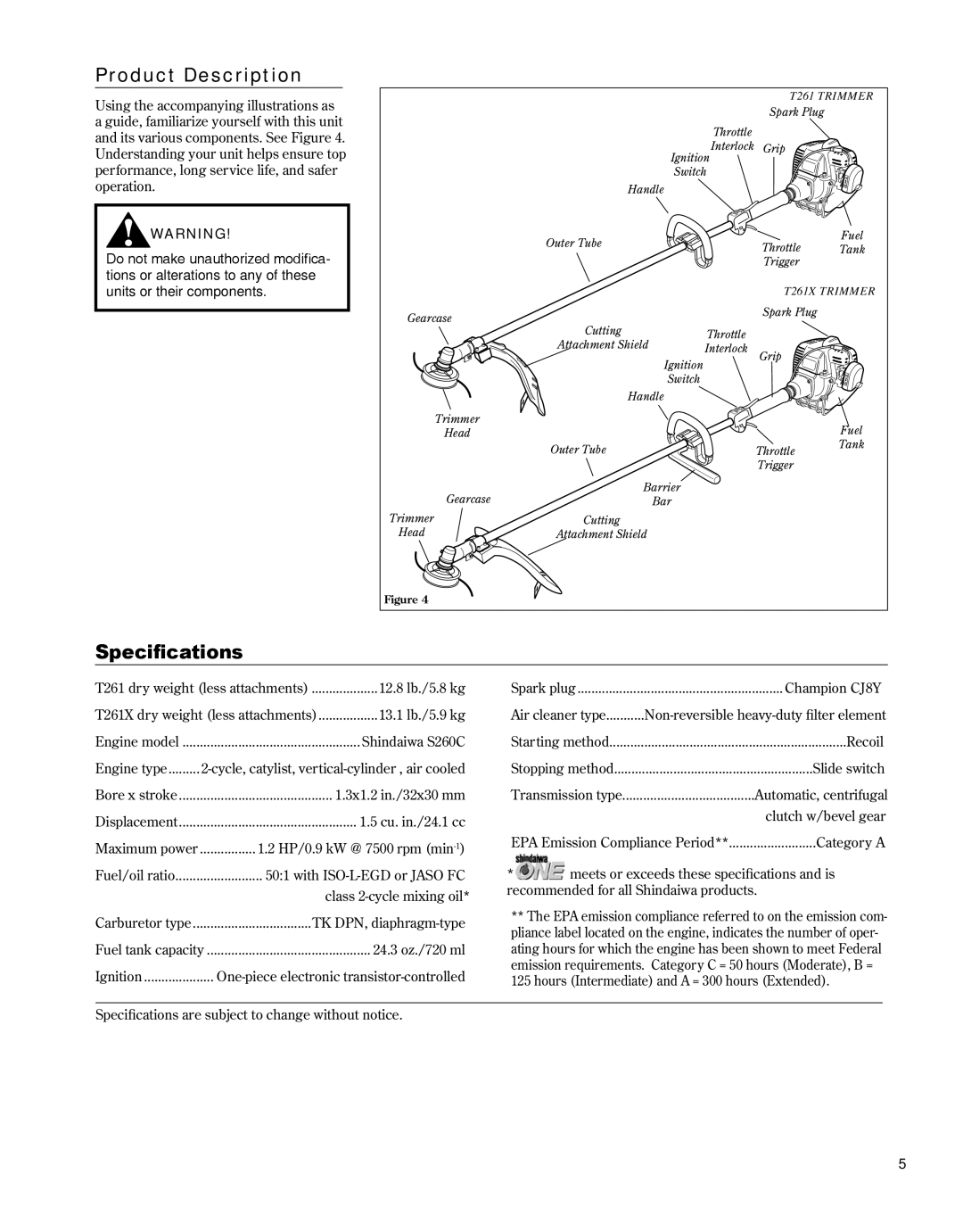 Shindaiwa 81646 manual Product Description, Specifications 