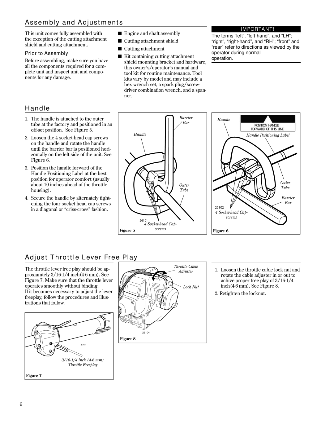 Shindaiwa 81646 manual Assembly and Adjustments, Handle, Adjust Throttle Lever Free Play, Prior to Assembly 