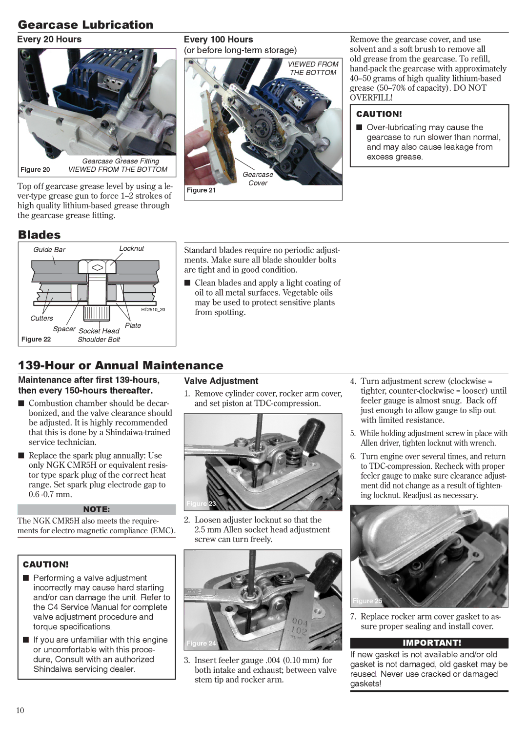 Shindaiwa 81650 manual Gearcase Lubrication, Hour or Annual Maintenance, Every 20 Hours, Every 100 Hours, Valve Adjustment 