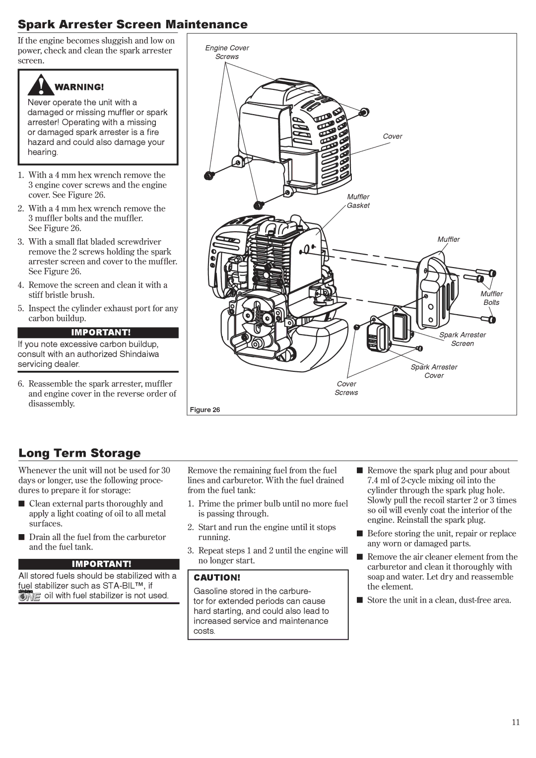 Shindaiwa 81650 manual Spark Arrester Screen Maintenance, Long Term Storage 