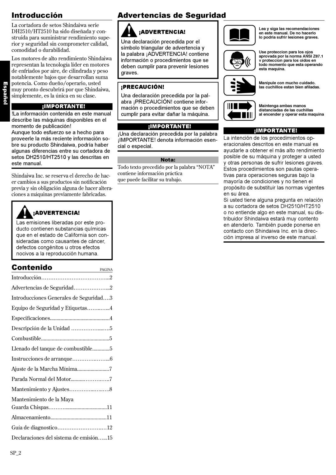 Shindaiwa 81650 manual Introducción Advertencias de Seguridad, Contenido, ¡Precaución 