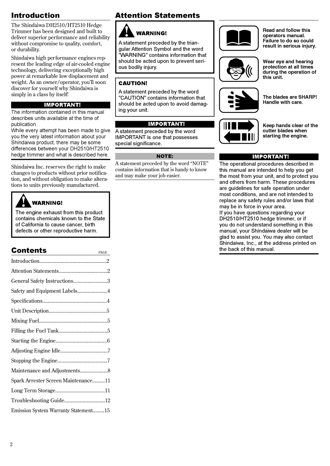 Shindaiwa 81650 manual Introduction, Contents 