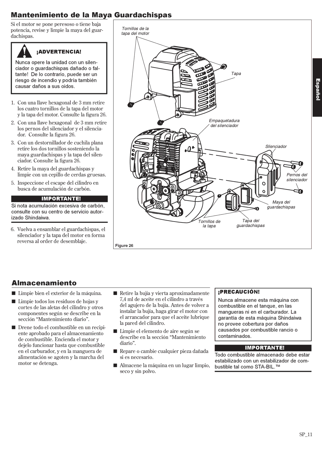 Shindaiwa 81650 manual Mantenimiento de la Maya Guardachispas, Almacenamiento 