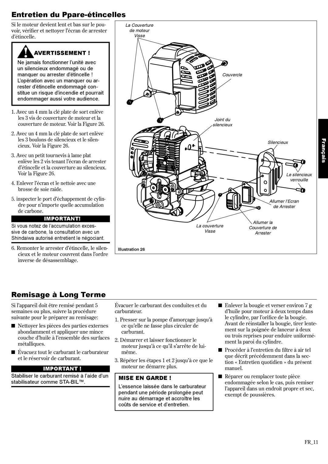 Shindaiwa 81650 manual Entretien du Ppare-étincelles, Remisage à Long Terme 