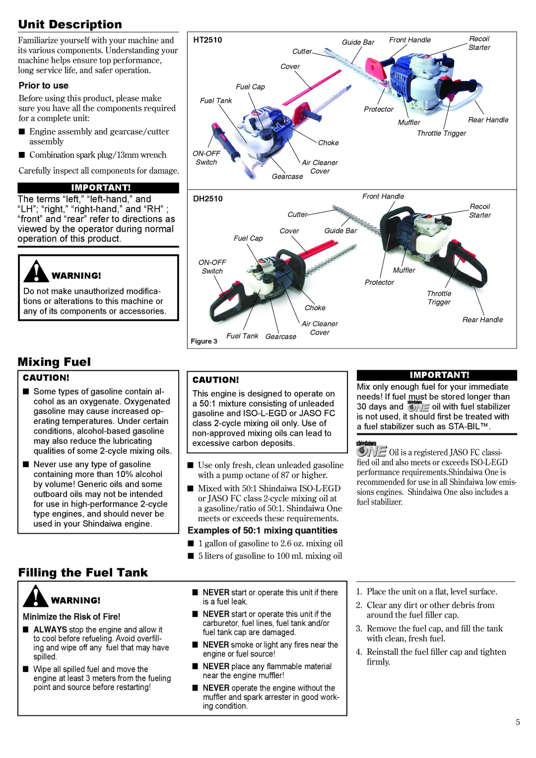 Shindaiwa 81650 Unit Description, Mixing Fuel, Filling the Fuel Tank, Prior to use, Examples of 501 mixing quantities 