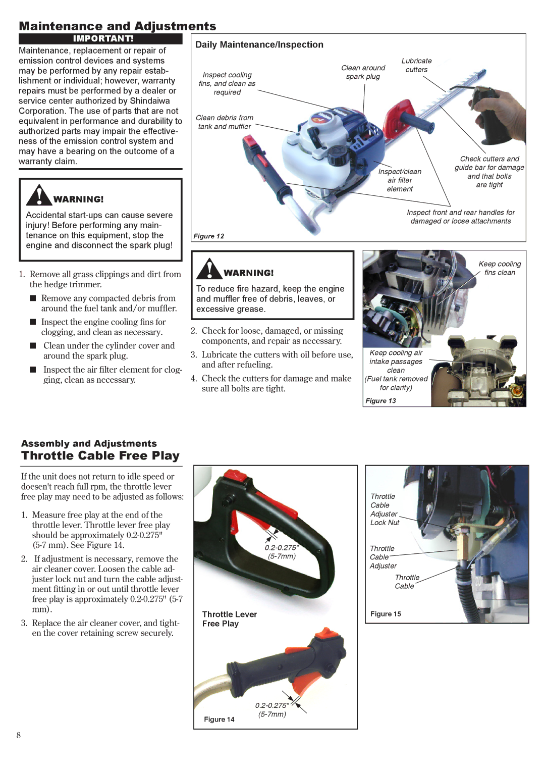 Shindaiwa 81650 manual Maintenance and Adjustments, Throttle Cable Free Play, Daily Maintenance/Inspection 