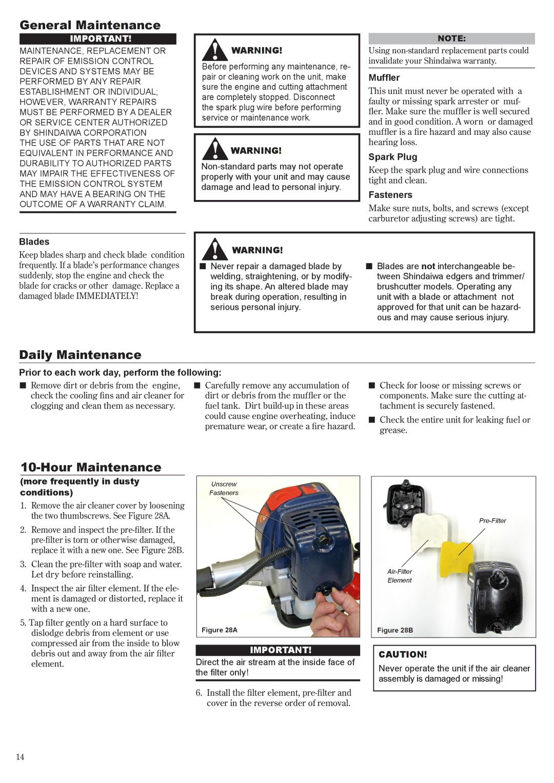 Shindaiwa 81704 manual General Maintenance, Daily Maintenance, Hour Maintenance 