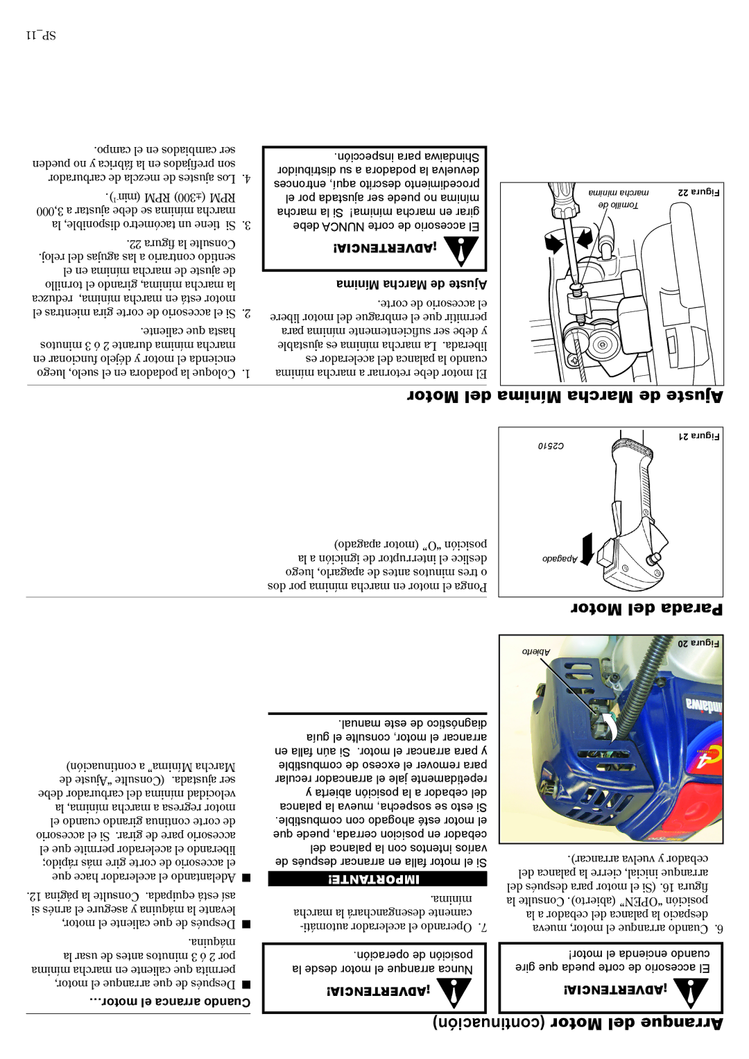 Shindaiwa 81704 manual Motor del Mínima Marcha de Ajuste, Motor del Parada, Continuación Motor del Arranque 