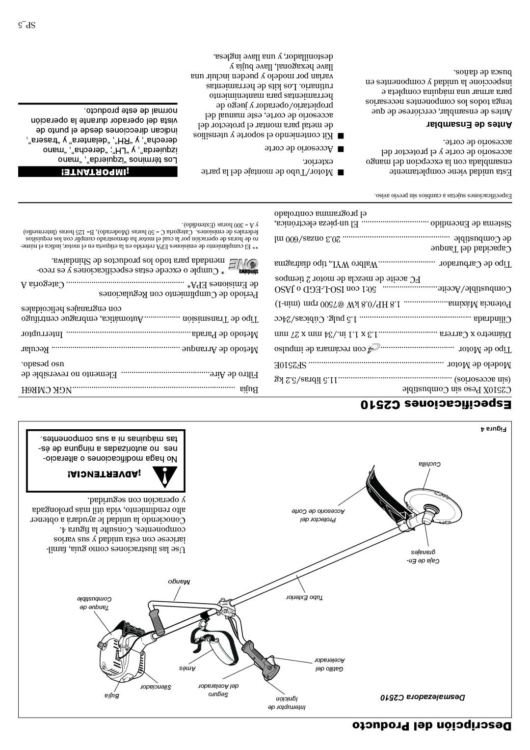 Shindaiwa 81704 manual C2510 Especificaciones, Producto del Descripción, Ensamblar de Antes 