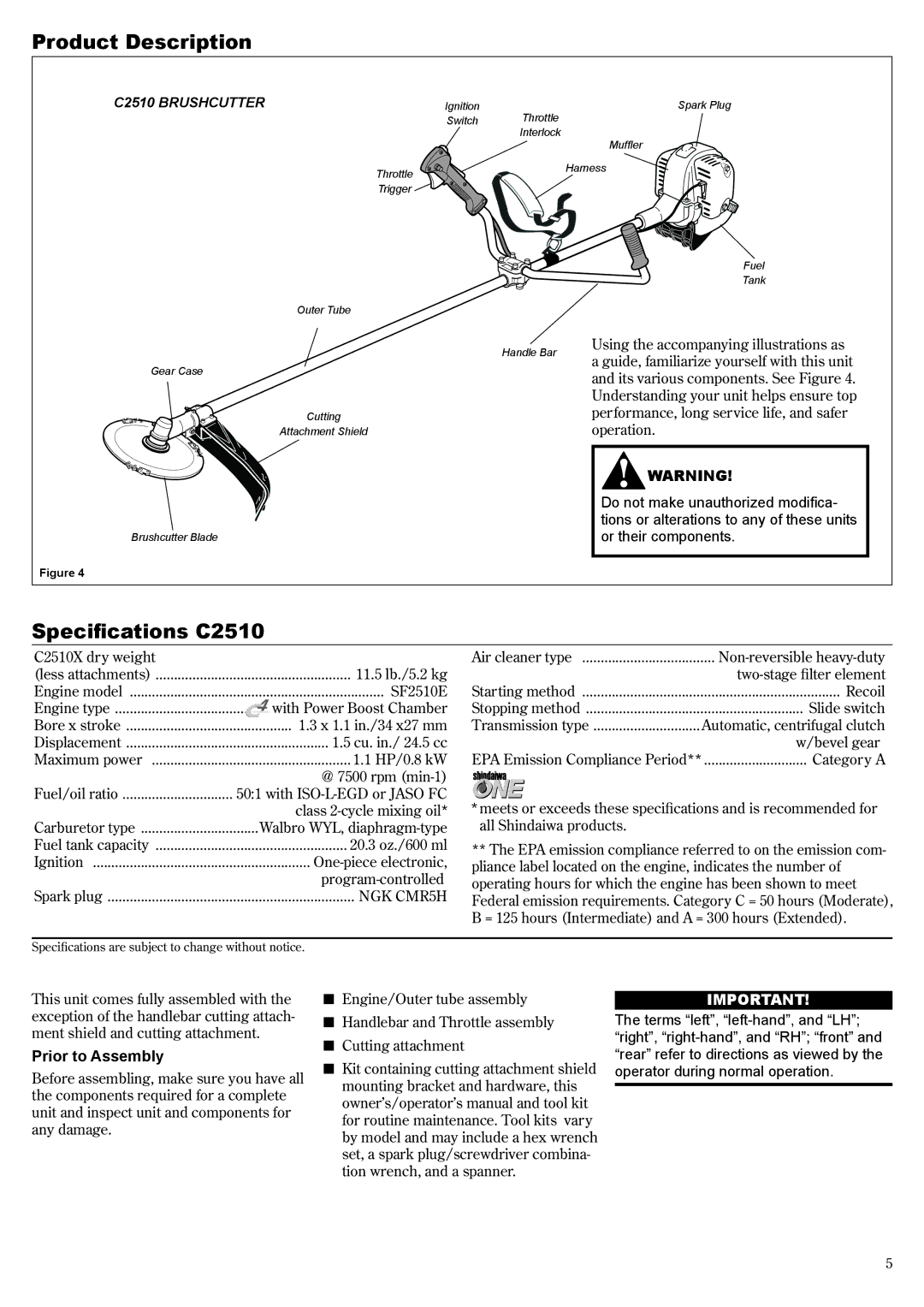 Shindaiwa 81704 manual Product Description, Specifications C2510, Prior to Assembly 