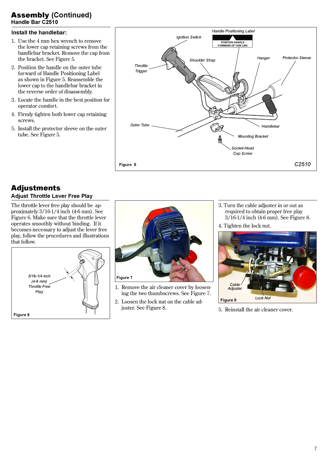 Shindaiwa 81704 manual Adjustments, Handle Bar C2510 Install the handlebar, Adjust Throttle Lever Free Play 