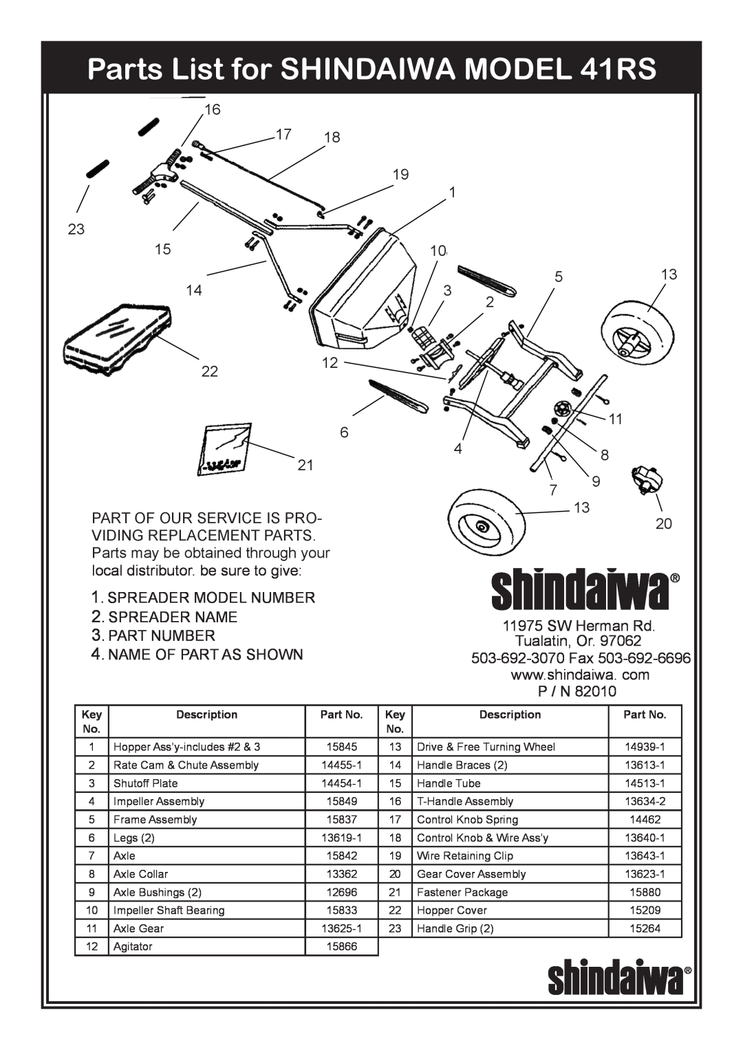 Shindaiwa 82010, 41RS Broadcast owner manual Parts List for SHINDAIWA MODEL 41RS 