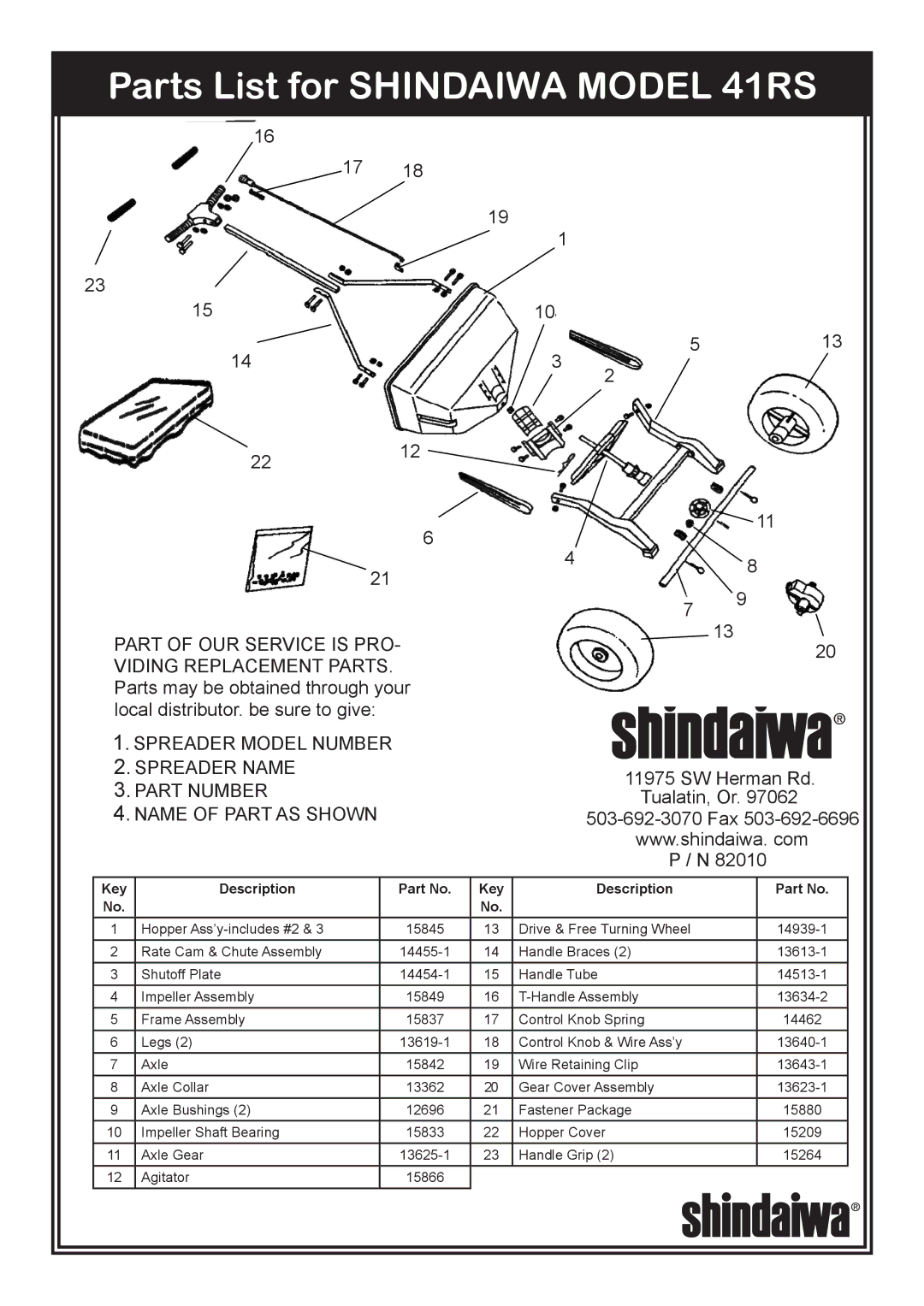 Shindaiwa 82010, 41RS Broadcast owner manual Parts List for Shindaiwa Model 41RS 