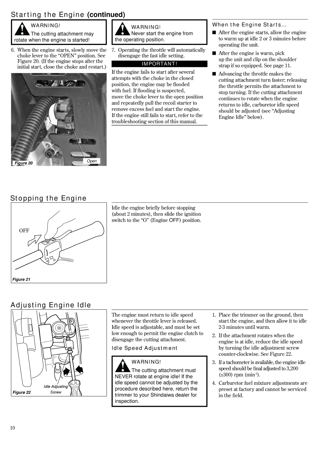 Shindaiwa 82014, T2510X Stopping the Engine, Adjusting Engine Idle, Never start the engine from the operating position 