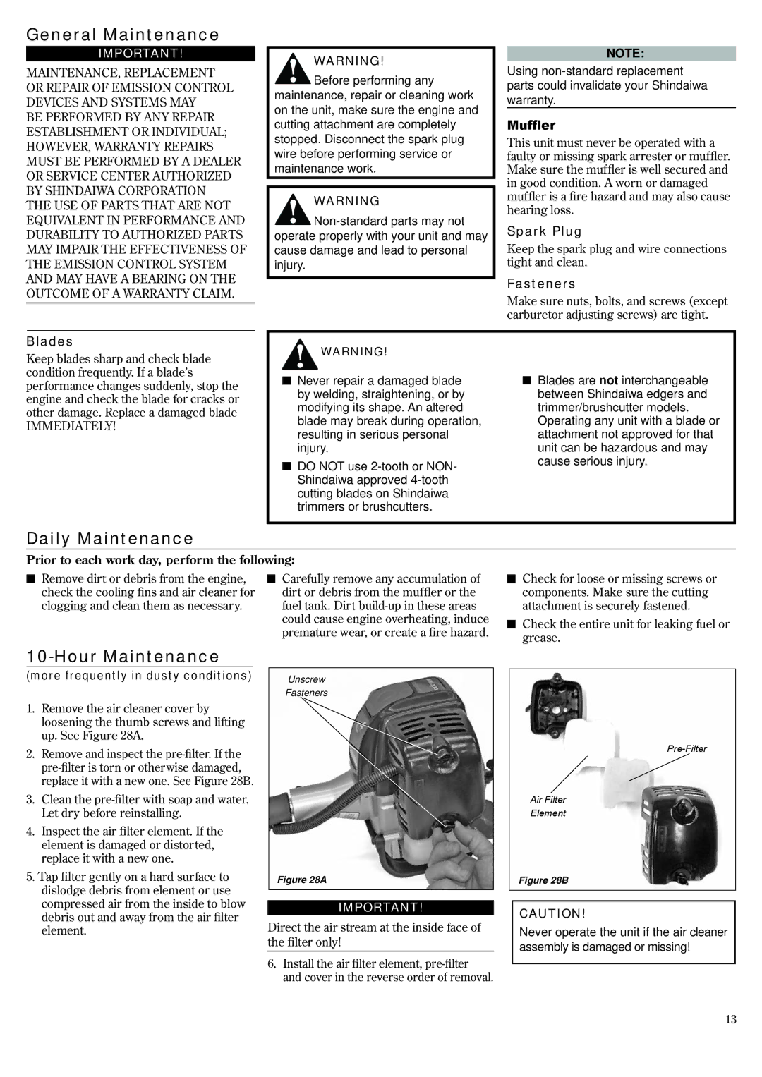 Shindaiwa T2510X, 82014 manual General Maintenance, Daily Maintenance, Hour Maintenance 