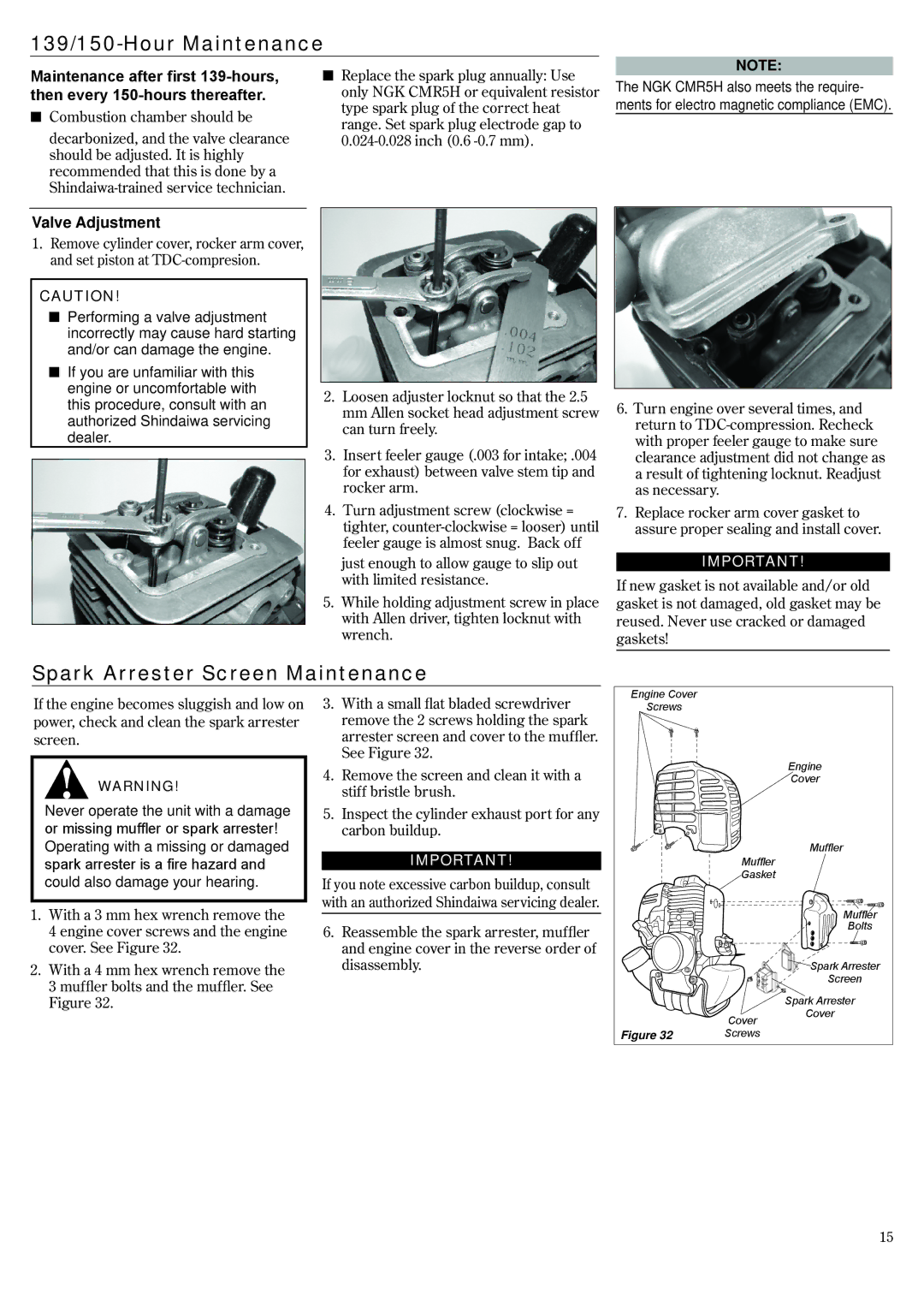 Shindaiwa T2510X, 82014 manual 139/150-Hour Maintenance, Spark Arrester Screen Maintenance, Valve Adjustment 