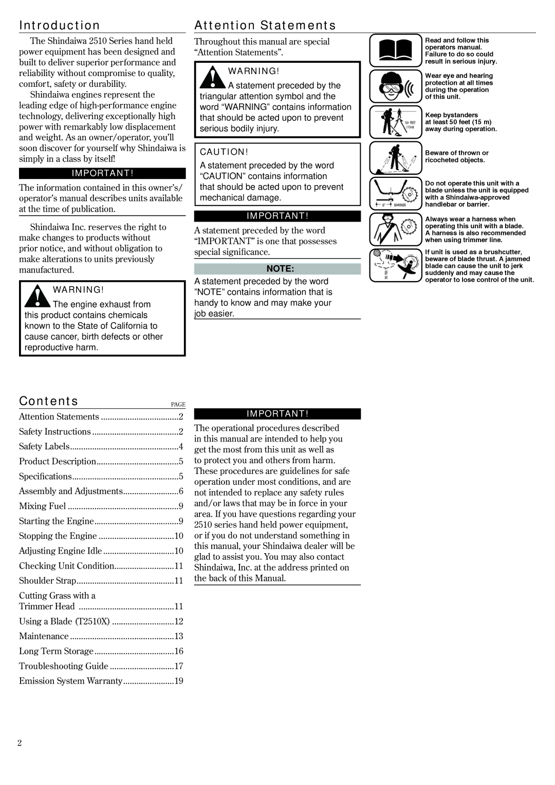 Shindaiwa 82014, T2510X manual Introduction, Contents 